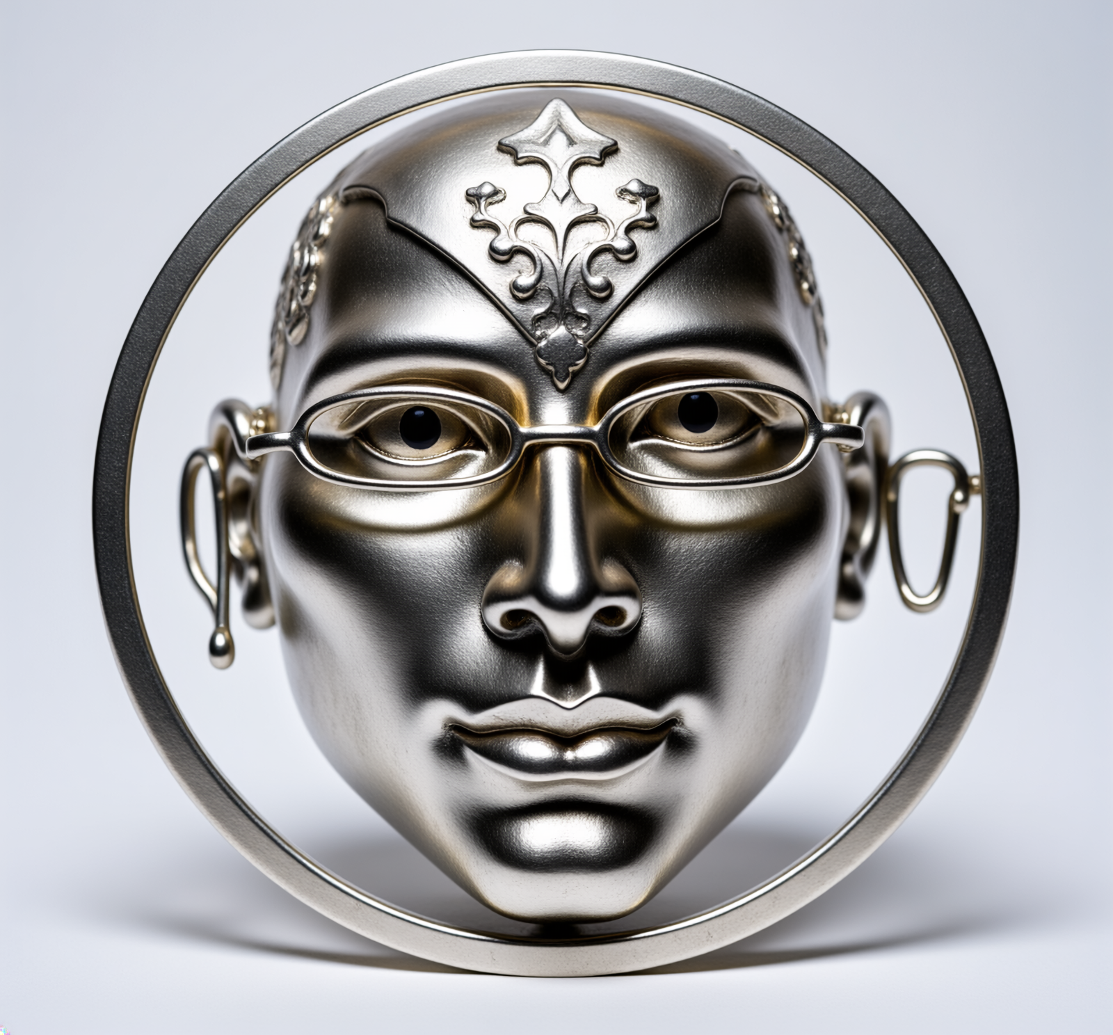 Firefly_forged titanium sculpture of THE FACE, with glasses, caustic light patter 634131